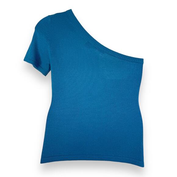 Asymmetric One Shoulder Sweater L Silk Cashmere Blend Blue Short Sleeve Y2k VTG - Picture 5 of 11